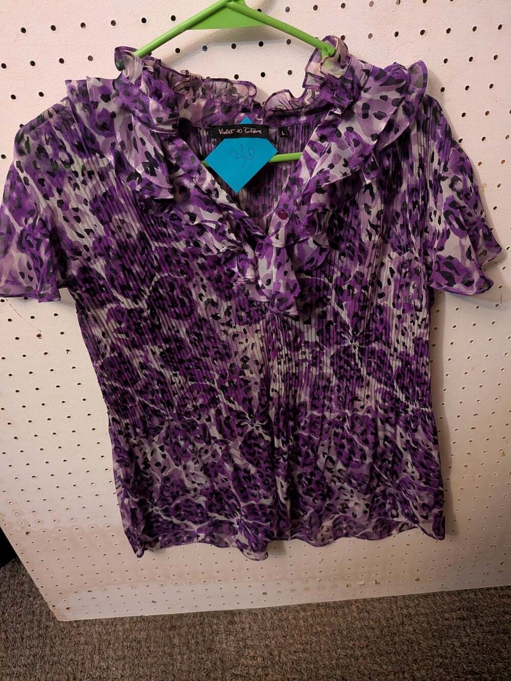Violet & Claire Purple Animal Print Pleated Ruffle Blouse